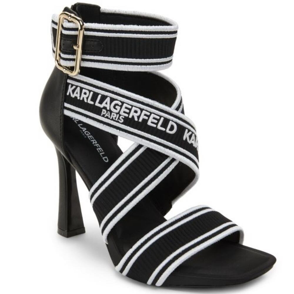 Karl Lagerfeld Paris Black Logo Strap Stiletto Heels 8M Elastic Designer Sandals - Picture 2 of 10